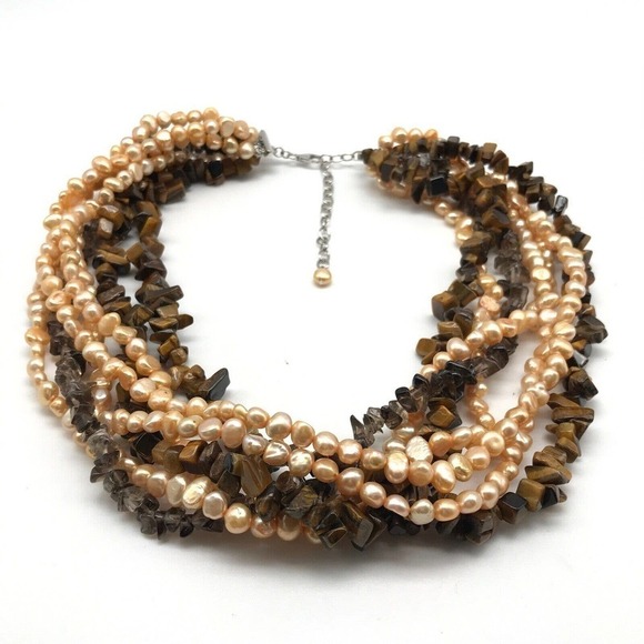 925 Sterling Silver Vintage Multi-Strand Gemstone Pearl Tiger's Eye Necklace - Picture 5 of 10